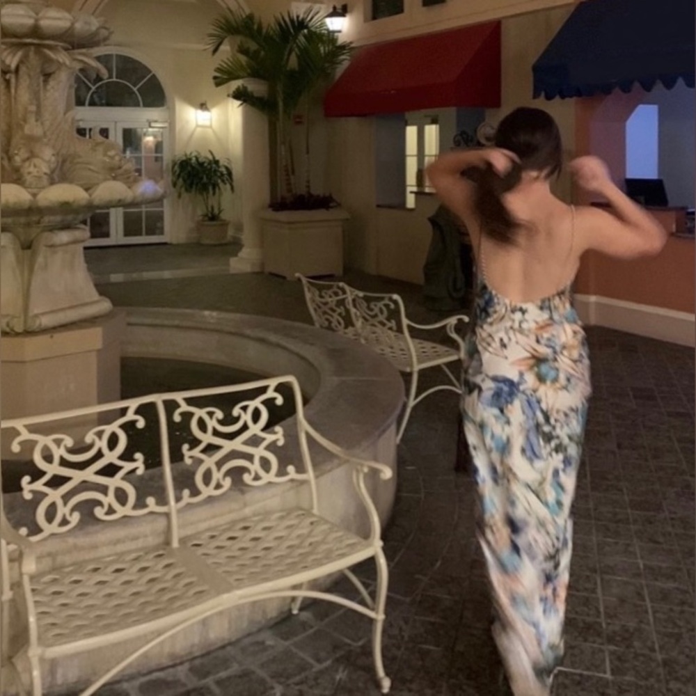 Liv Foster White Cowl Neck Floral Print Gown